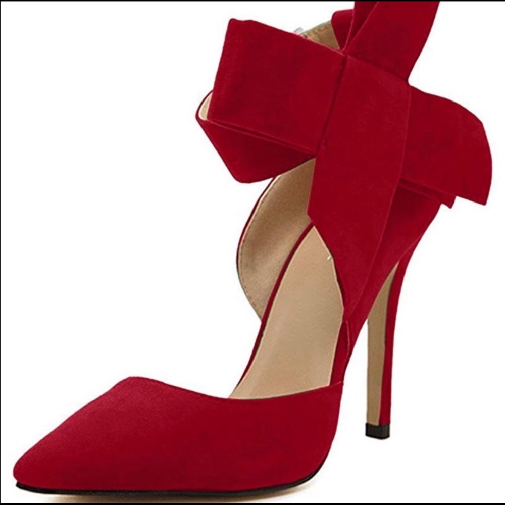 Red Suede Heels with Bow Ankle Strap